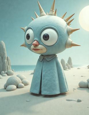 The primary subject of the image is a cartoon character, specifically a blue and white robot with a face and a cape. The setting is a beach, with the robot standing on the sand. The visual style is digital art, as the character is depicted in a computer-generated manner. The colors and mood of the image are predominantly blue and white, giving it a calm and serene atmosphere.